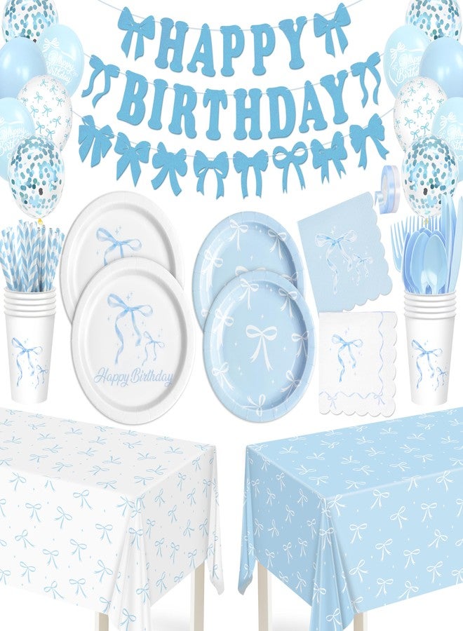 THAWAY Blue Bow Birthday Party Supplies, 220Pcs Coquette Birthday Decorations Includes Bow Plates Napinks Cups Straws Cutlery Tablecloths Banners and Balloons Blue Bow Theme Tableware Serves 24 Guests - Image 1